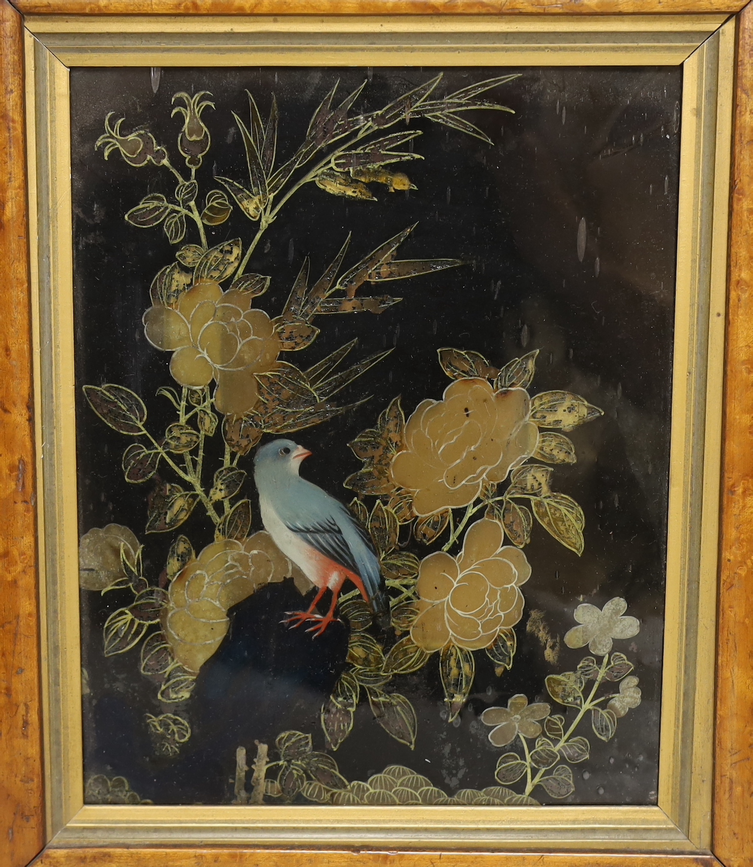 A Regency reverse-painted panel depicting a parrot within Peony flowers, maple framed, 23.5cm x 18.5cm